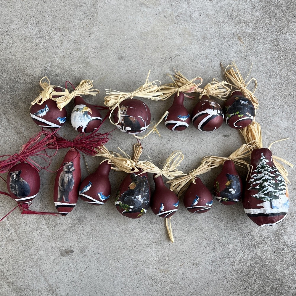 Lot Of 14 Maroon Hand Painted Gourd Ornaments Bears Birds Fox Eagle Teepee